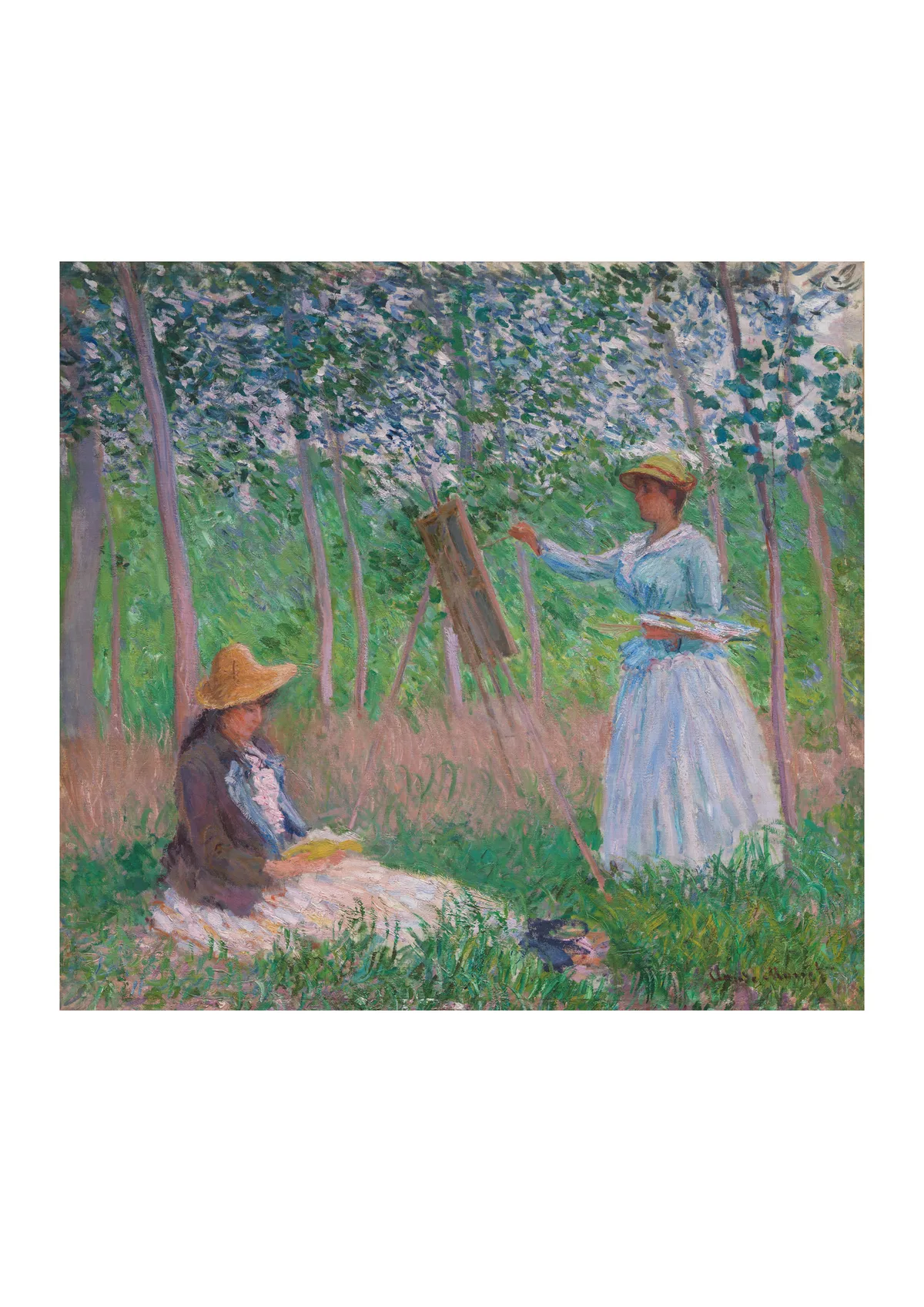 Affiche « Dans les bois à Giverny : Blanche Hoschedé à son chevalet et Suzanne Hoschedé lisant »