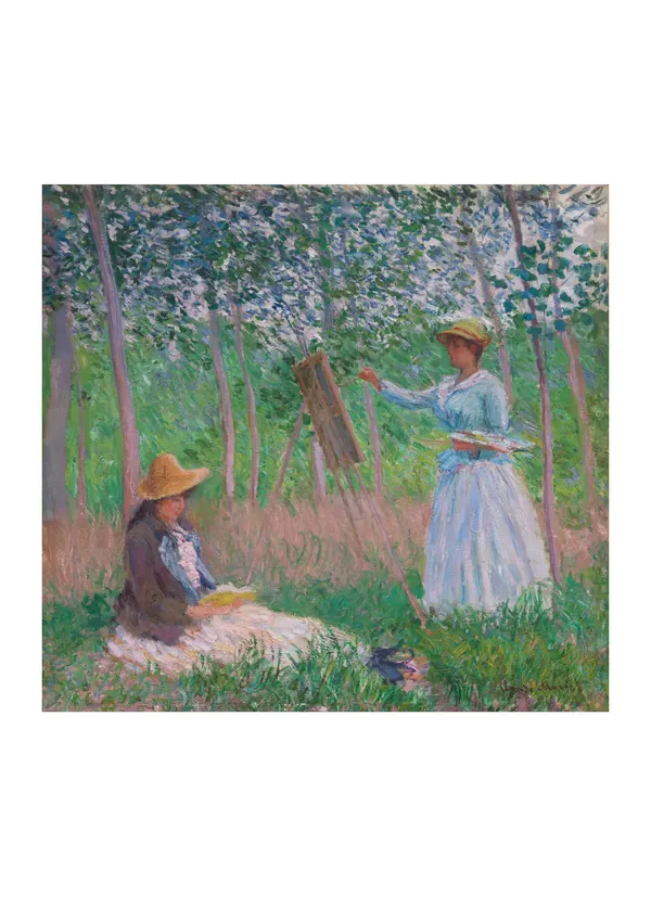 Affiche « Dans les bois à Giverny : Blanche Hoschedé à son chevalet et Suzanne Hoschedé lisant »